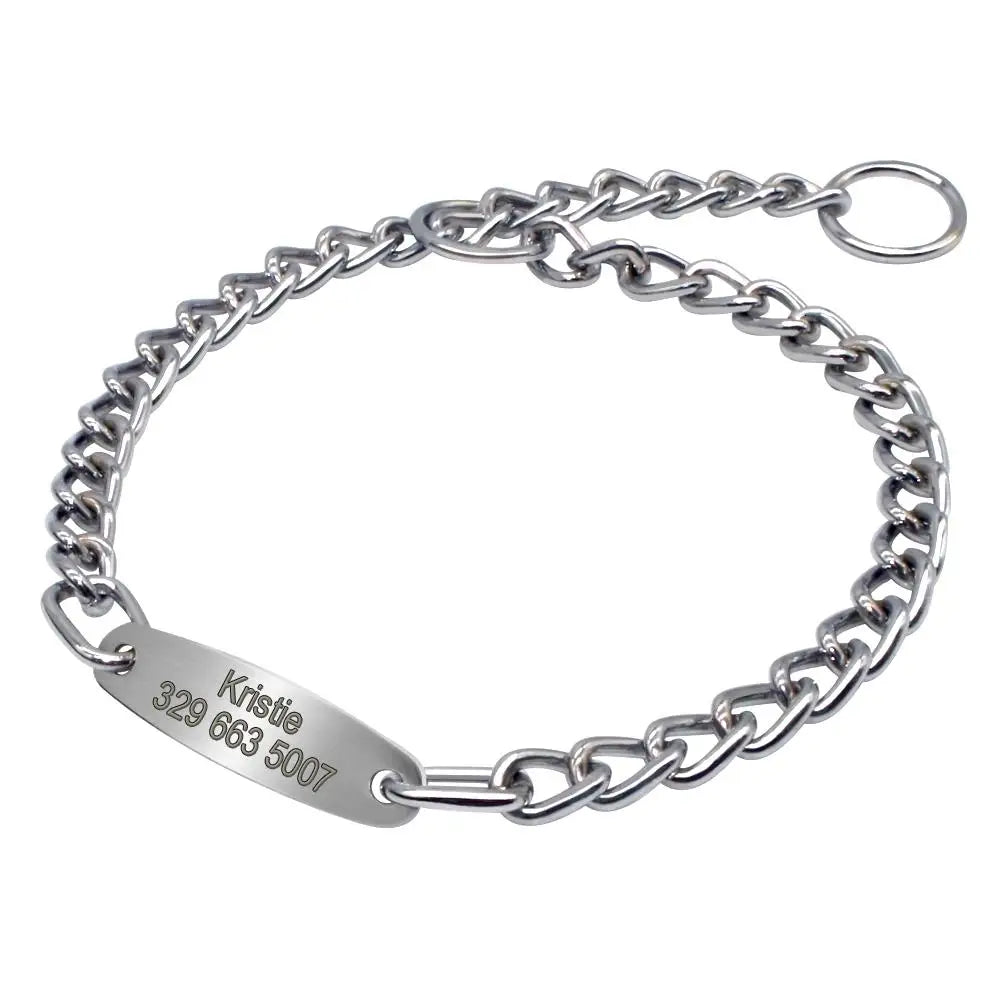 Large Silver Dog Chain Collar – Personalized Training Choker with Free Engraved Nameplate