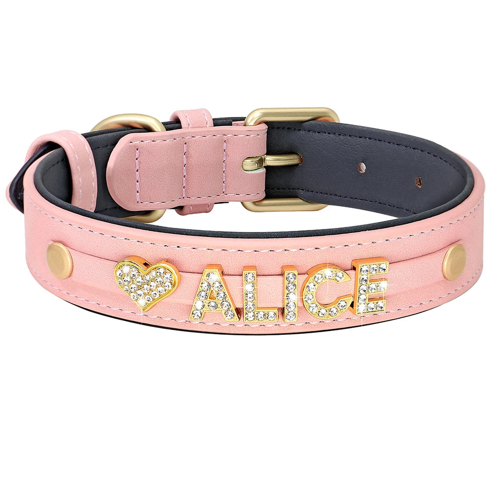 Custom Dog Name Collar – Bling Rhinestone Leather Collar with Free Charms & Personalized Letters