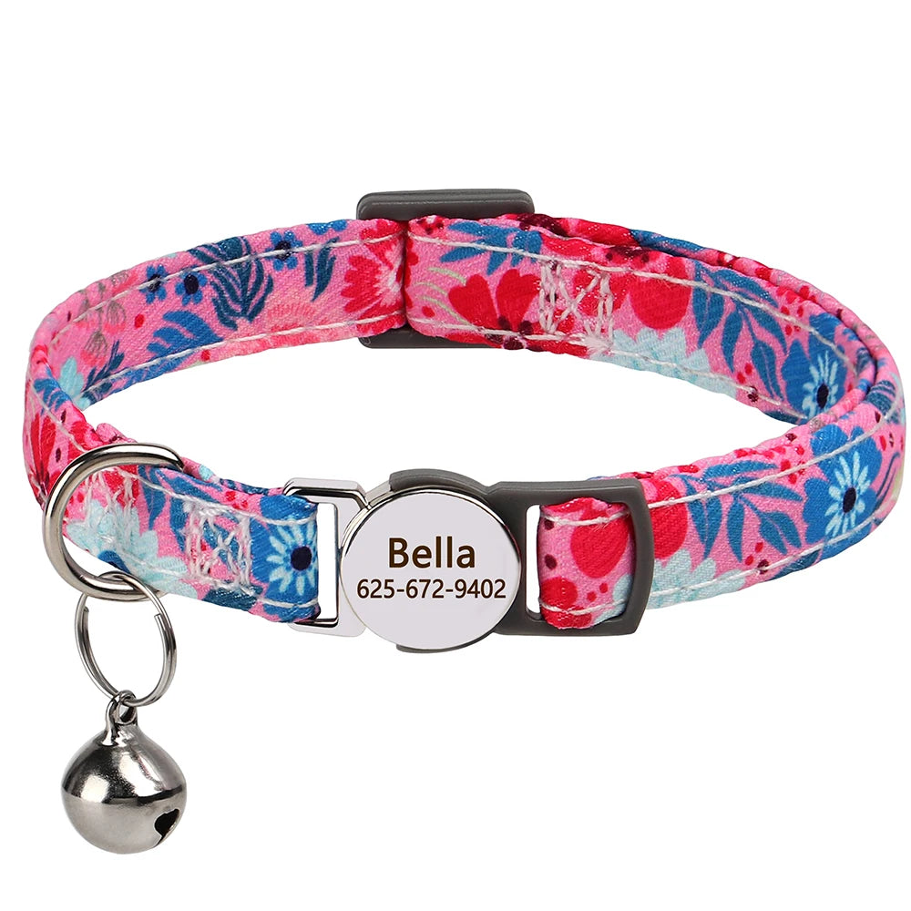 Personalized Cat/Puppy Collar with Engraved Nameplate & Bell – Adjustable Floral Design (Blue, Green, Pink, Red, Rose)
