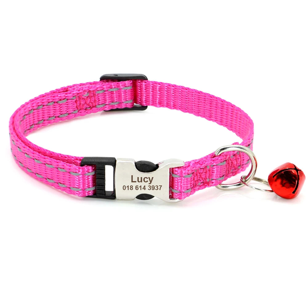 Personalized Pet Cat Collar Reflective Nylon Puppy Cat Collars Custom Engraved Pet Kitten Collar With Bell For Small Dogs Cats