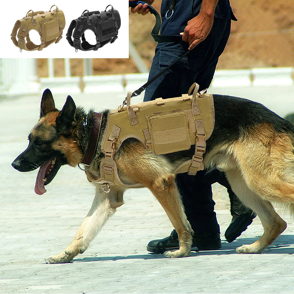 Dog Tactical Harness MOLLE Vest – Adjustable Military Training Harness with 2 Detachable Pouches for Medium & Large Dogs