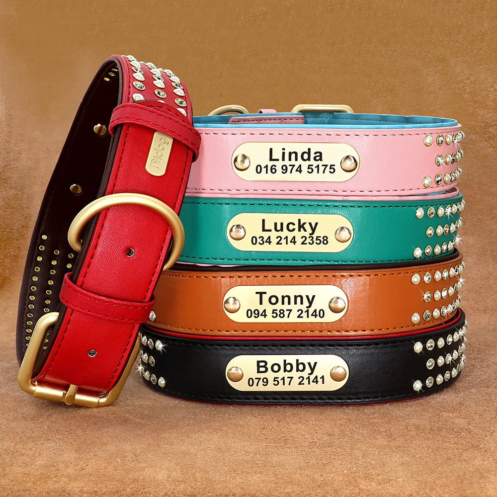 Personalized Dog Collar with Rhinestones – Custom Engraved Leather Pet ID Collar | Adjustable for Small, Medium & Large Dogs