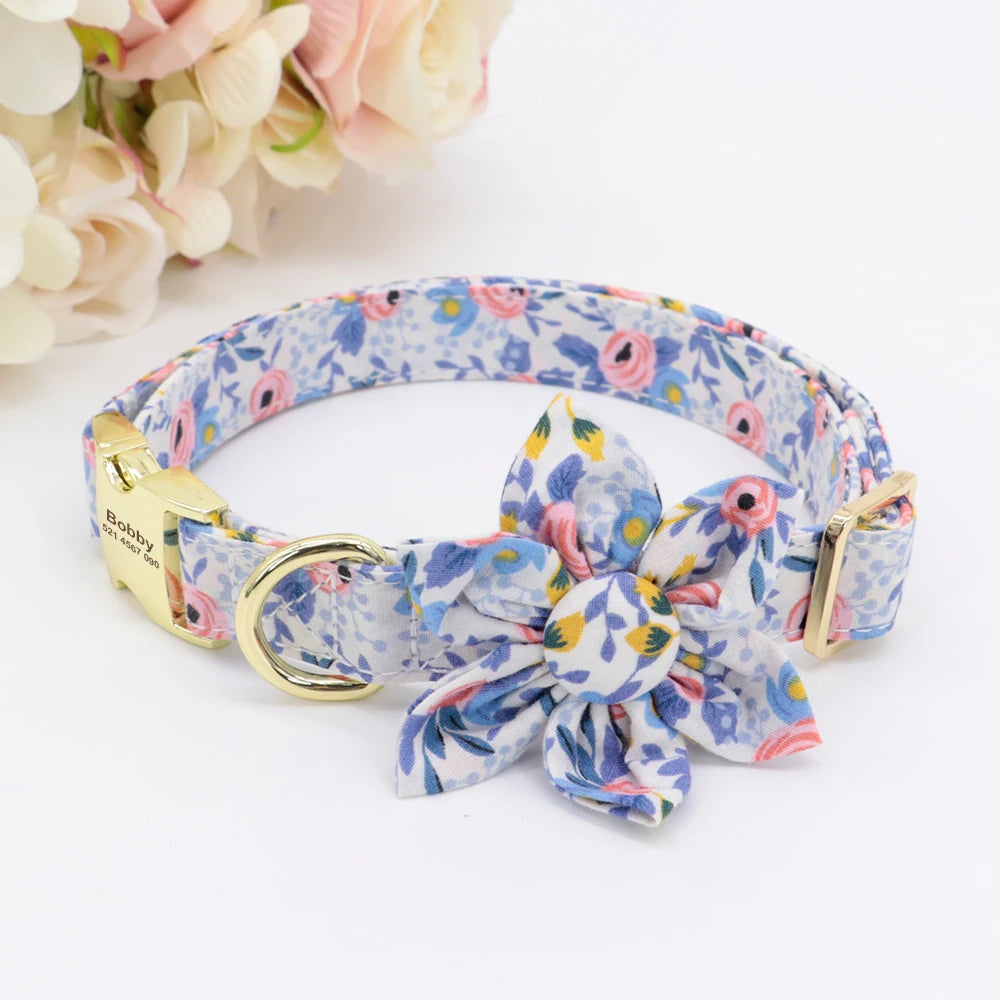 Personalized Dog Collar with Flower Print – Custom Engraved Nameplate | Adjustable Nylon Pet ID Collar for Small, Medium & Large Dogs