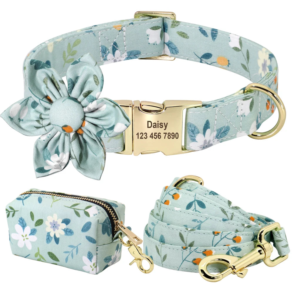 Personalized Floral Dog Collar Set – Collar + Leash + Poop Bag