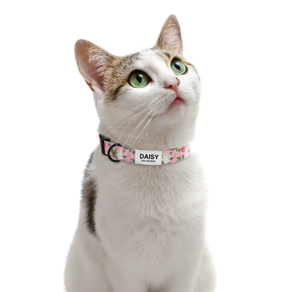 Customized Nylon Dog Collar – Floral Printed Personalized ID Tag for Dogs & Cats