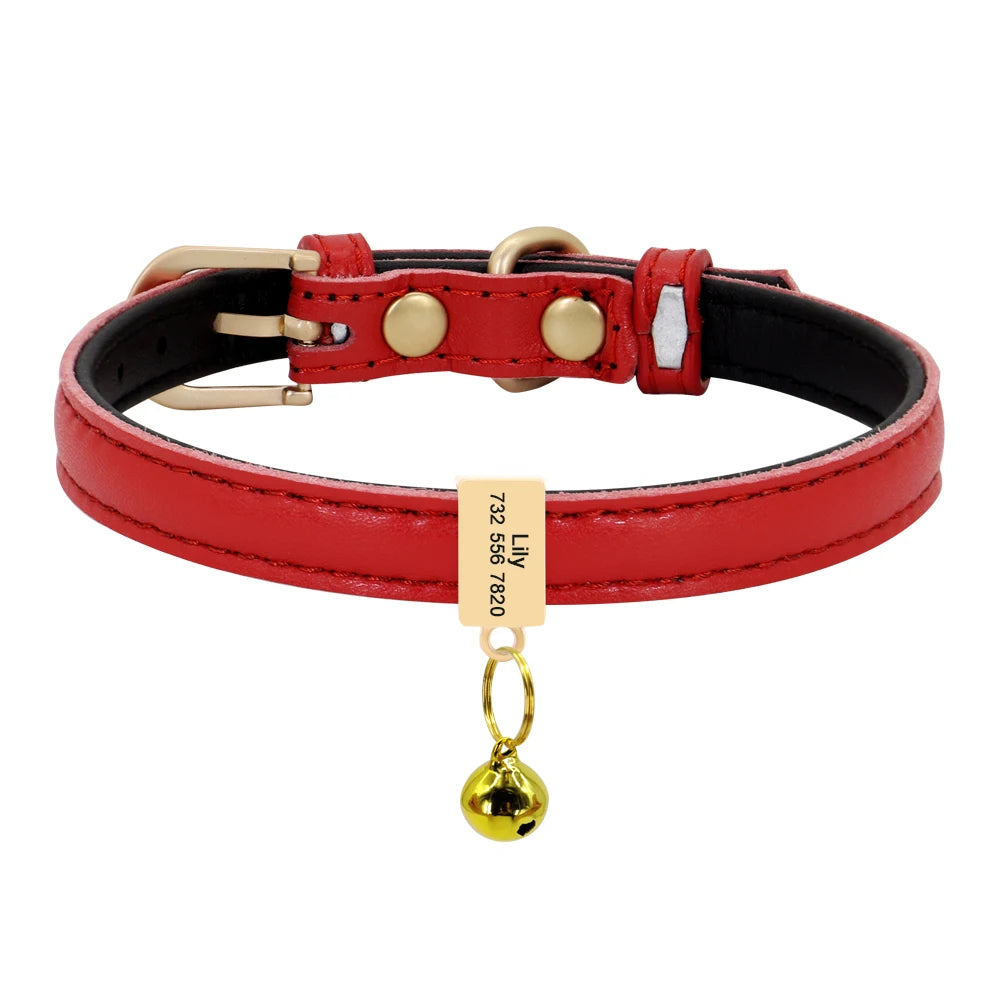 Personalized Leather Cat Collar – Custom Engraved Nameplate with Bell – Adjustable for Kittens, Cats & Small Dogs