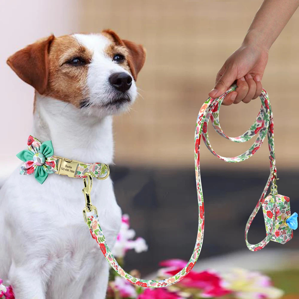 Personalized Floral Dog Collar Set – Collar + Leash + Poop Bag