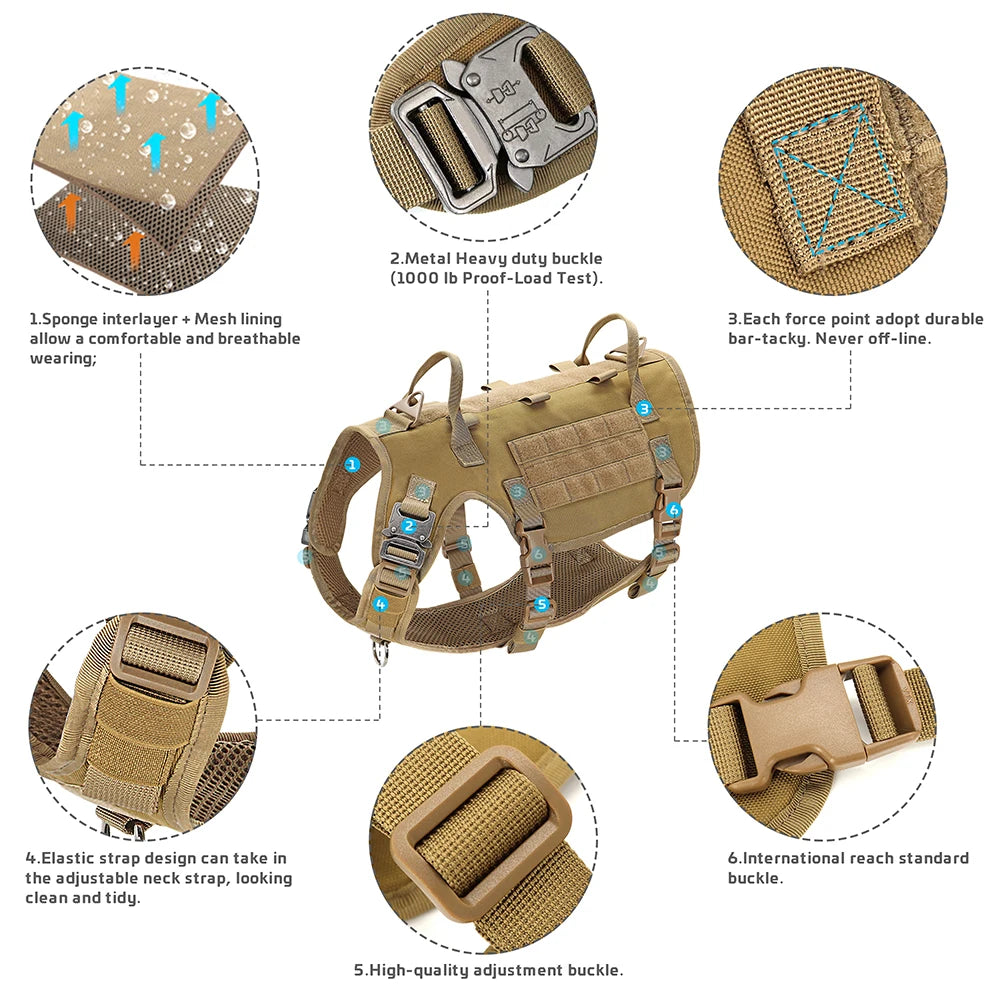 Tactical Military Dog Harness, Collar & Leash Set – Durable MOLLE Training Vest with Pouches & Flag for Large Dogs