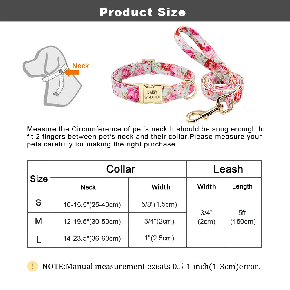 Personalized Printed Dog Collar Leash Set - Custom Nylon Collar & Leash with Free Engraved Nameplate for Small, Medium, and Large Dogs