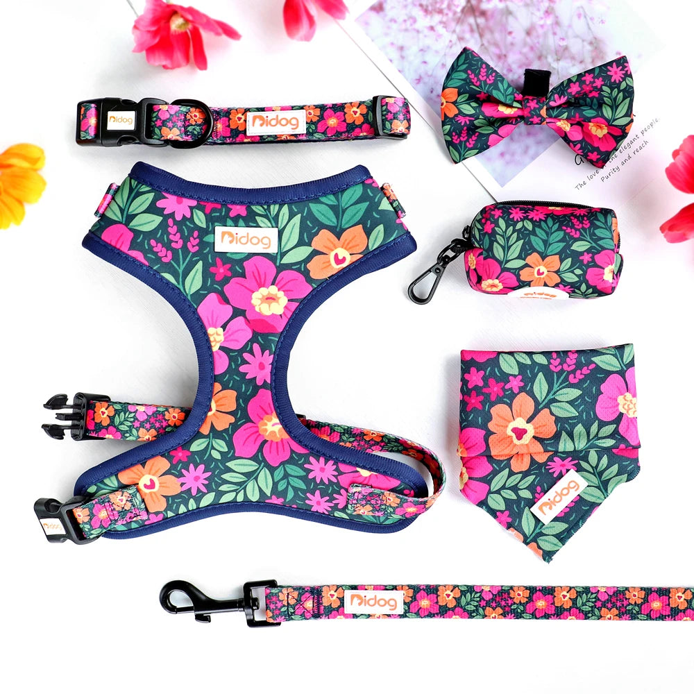 6-Piece Dog Harness Set – Fashion Printed Harness with Matching Collar, Leash, Bandana, Bowtie & Poop Bag Holder for Small & Medium Dogs
