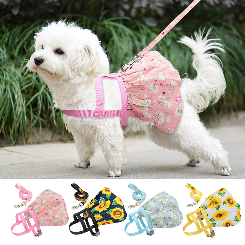 Floral Printed Dog & Cat Harness Dress – Adjustable Vest with Matching Leash for Small & Medium Pets