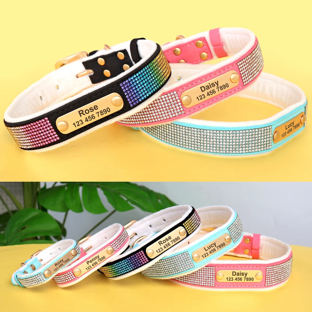 Personalized Dog Tag Collar – Bling Rhinestone Nylon Pet Collar with Soft Padded Lining, Free Engraving for Small Medium Dogs & Cats