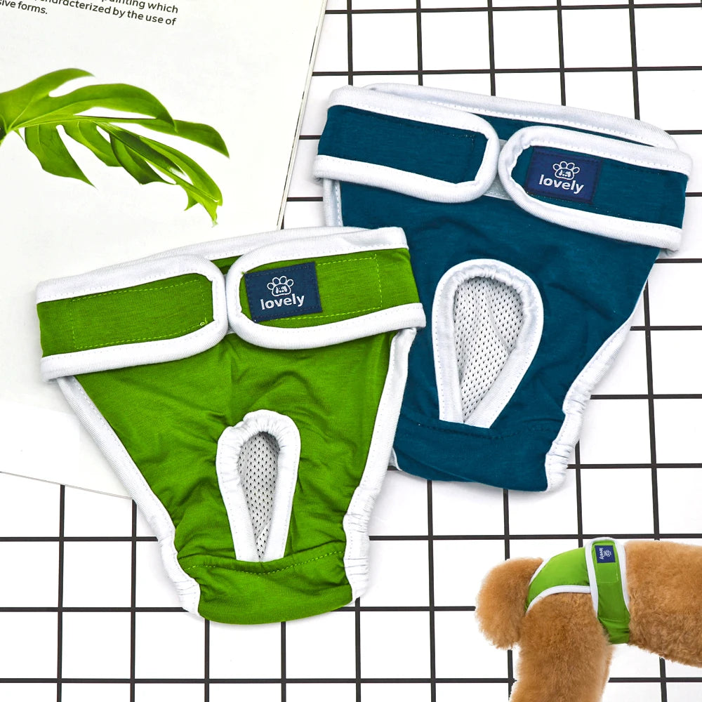 Washable Dog Physiological Pants – Soft Cotton Female Dog Diapers & Sanitary Underwear (Blue/Green, S–2XL)
