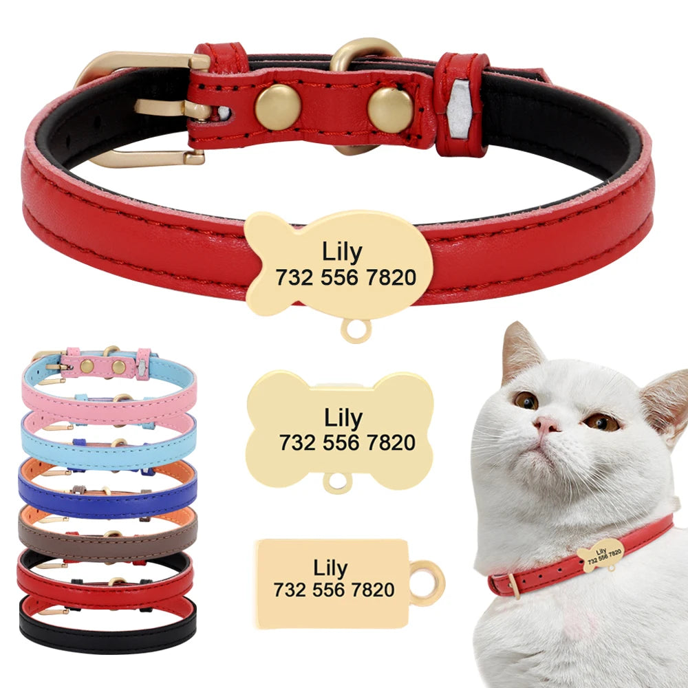 Personalized Leather Cat Collar – Custom Engraved Nameplate with Bell – Adjustable for Kittens, Cats & Small Dogs