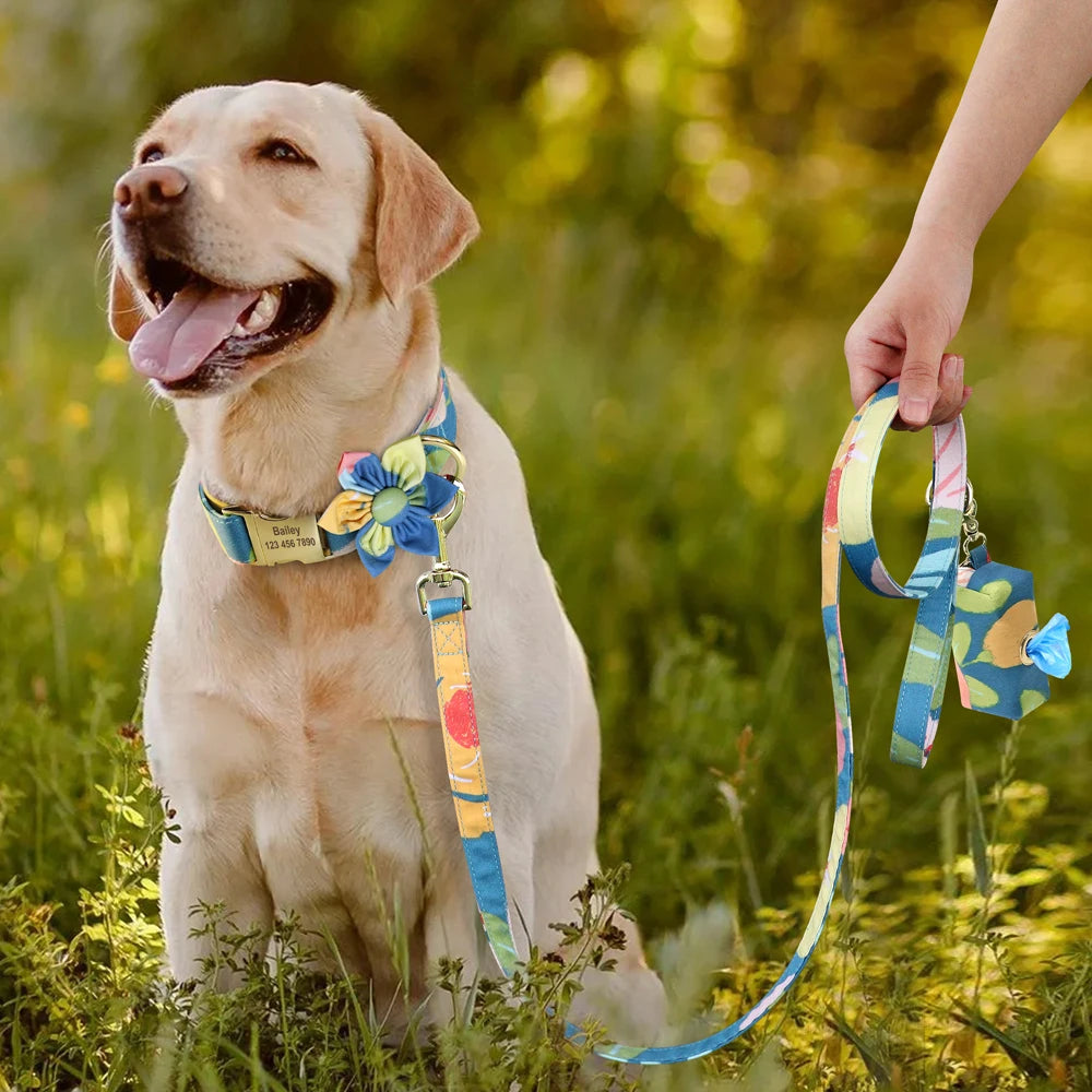 Personalized Floral Dog Collar Set – Collar + Leash + Poop Bag
