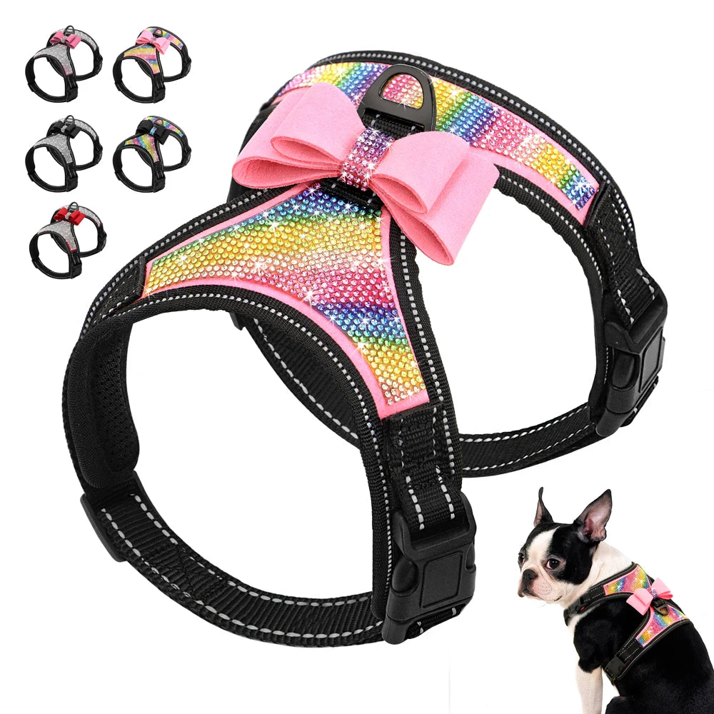 Bling Rhinestone Dog Harness – Reflective Fashion Vest with Bowknot
