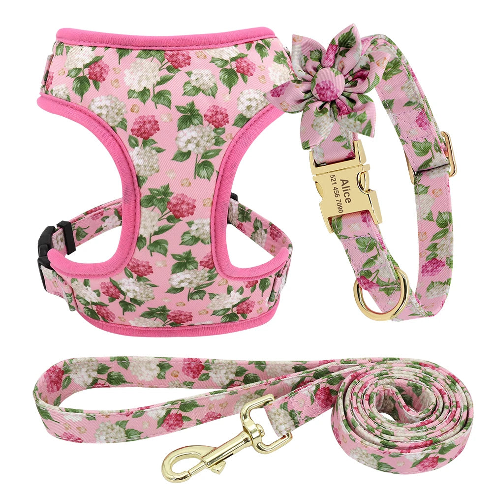 Adjustable Nylon Mesh Dog Harness Leash Set – Cute Printed Vest & Collar for Small & Medium Dogs & Cats (French Bulldog, Chihuahua, Yorkie, Puppy)