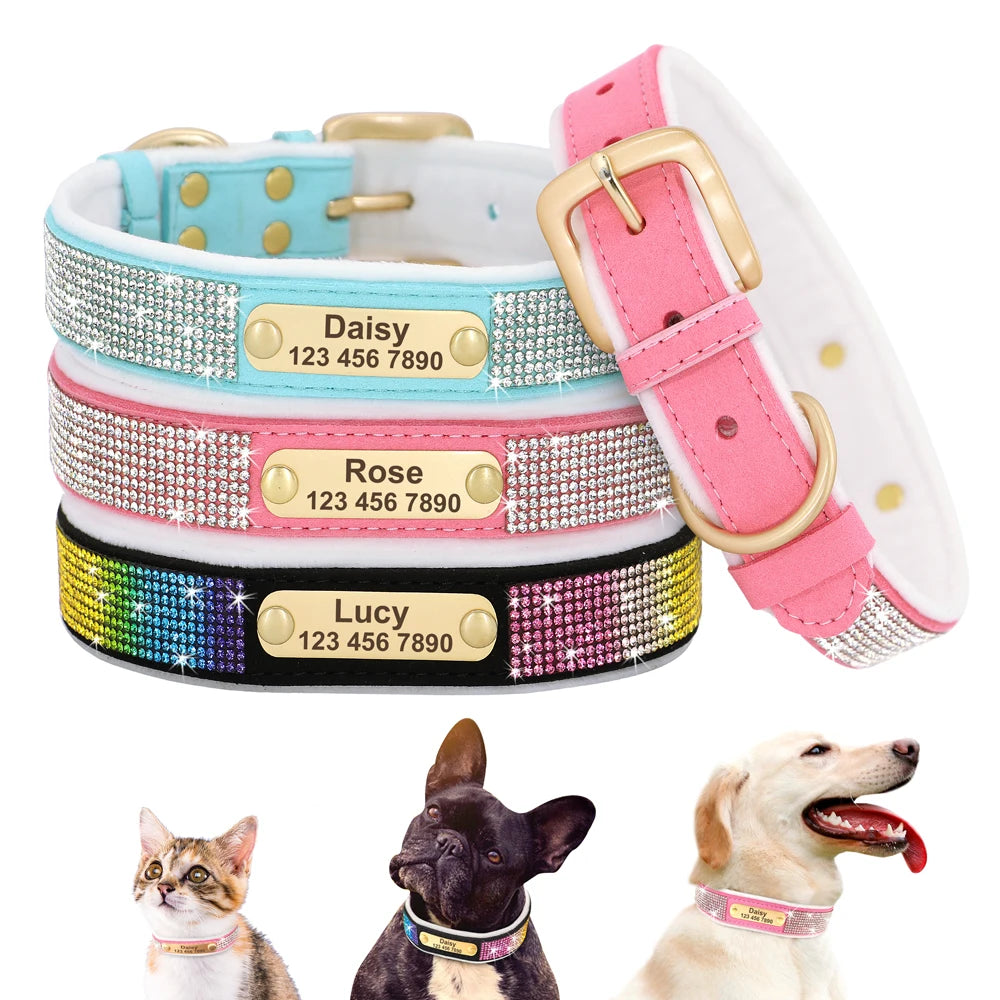 Personalized Dog Tag Collar – Bling Rhinestone Nylon Pet Collar with Soft Padded Lining, Free Engraving for Small Medium Dogs & Cats