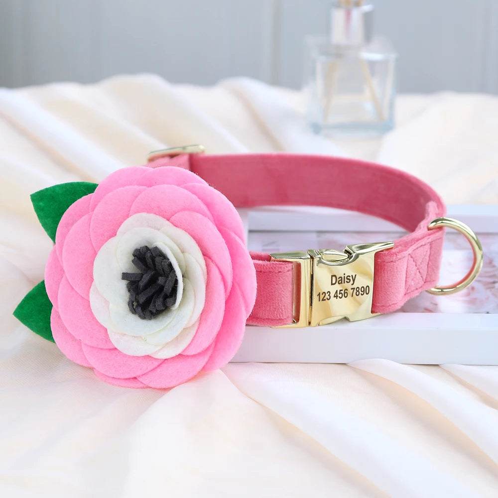 Personalized Floral Dog Collar – Custom Engraved Buckle with Cute Flower Accessory for Dogs & Cats