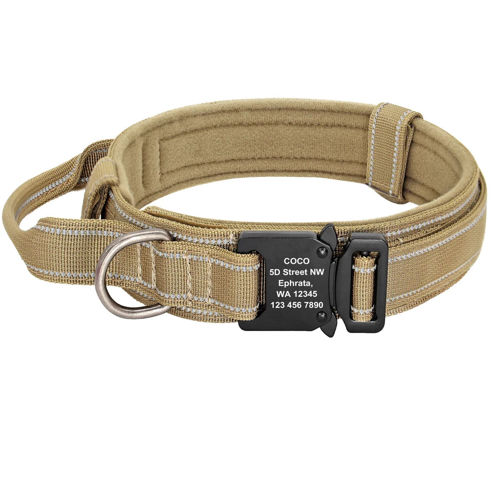 Personalized Military Tactical Dog Collar – Custom Engraved Nylon Training Collar with Handle for Medium & Large Dogs