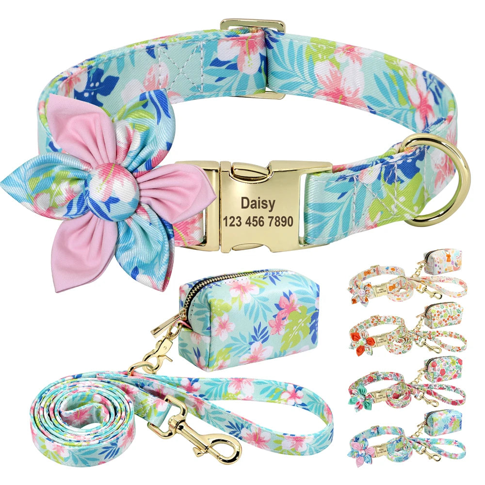 Personalized Floral Dog Collar Set – Collar + Leash + Poop Bag