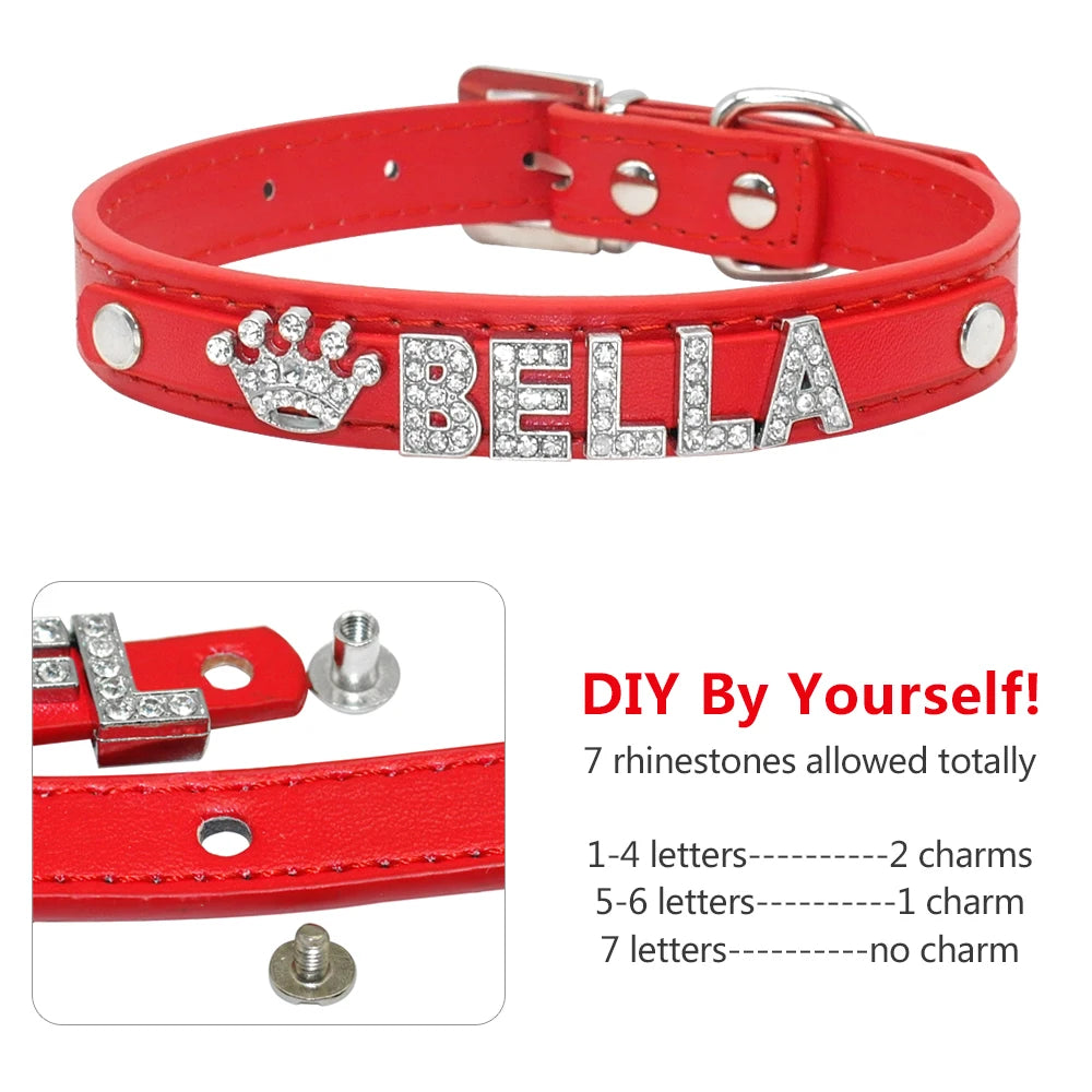 Bling Personalized Dog & Cat Collar – PU Leather Puppy Chihuahua Necklace with DIY Rhinestone Name & Free Charms