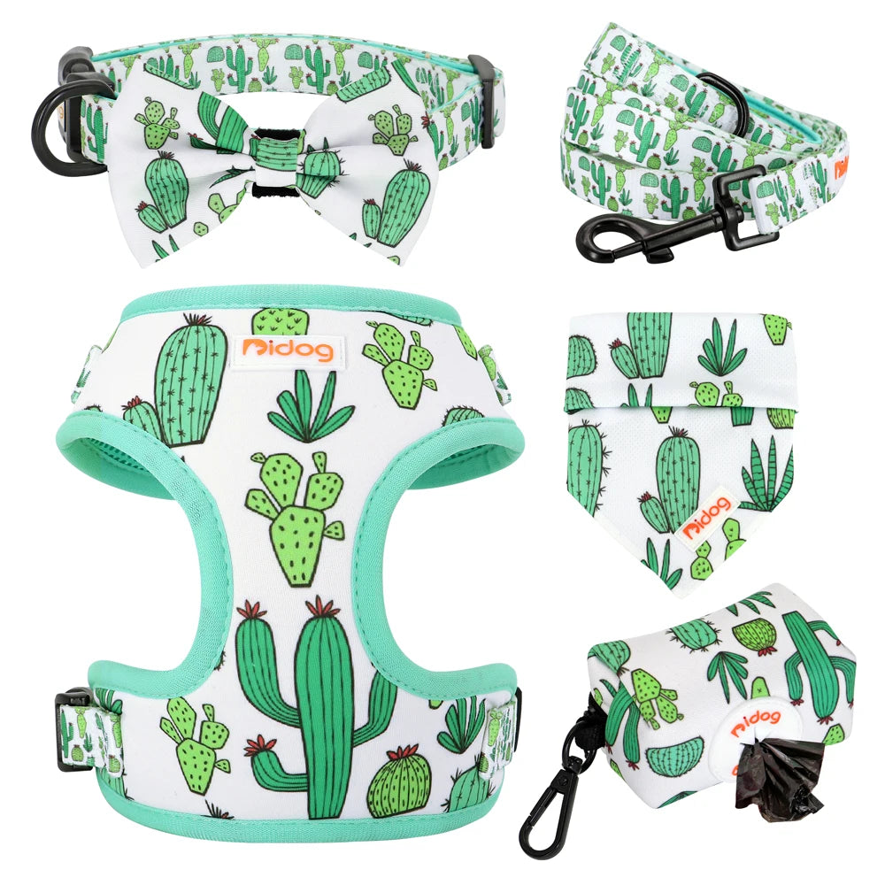 6-Piece Dog Harness Set – Fashion Printed Harness with Matching Collar, Leash, Bandana, Bowtie & Poop Bag Holder for Small & Medium Dogs