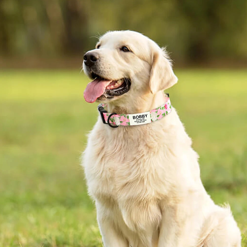 Customized Nylon Dog Collar – Floral Printed Personalized ID Tag for Dogs & Cats