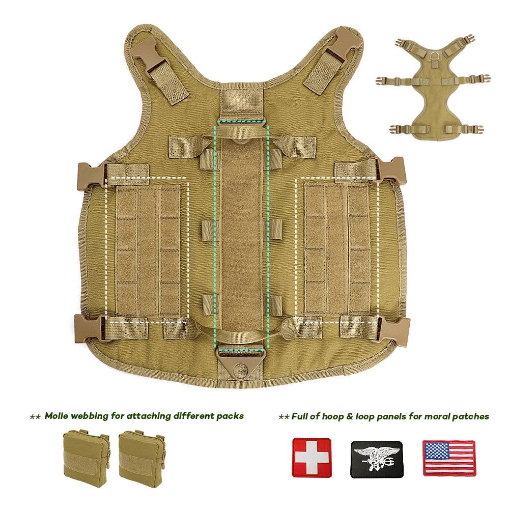 Dog Tactical Harness MOLLE Vest – Adjustable Military Training Harness with 2 Detachable Pouches for Medium & Large Dogs