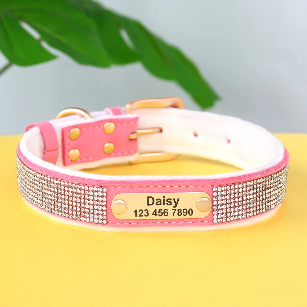 Personalized Dog Tag Collar – Bling Rhinestone Nylon Pet Collar with Soft Padded Lining, Free Engraving for Small Medium Dogs & Cats