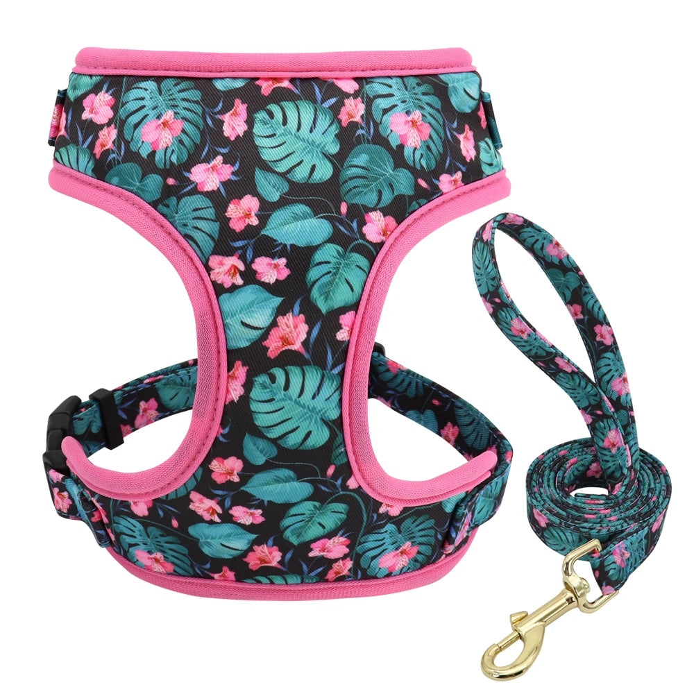 Adjustable Nylon Mesh Dog Harness Leash Set – Cute Printed Vest & Collar for Small & Medium Dogs & Cats (French Bulldog, Chihuahua, Yorkie, Puppy)