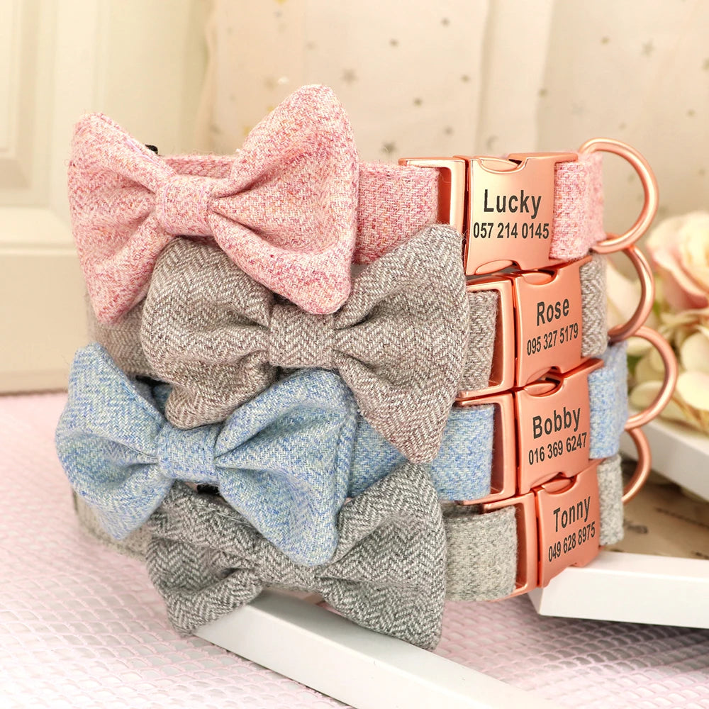 Custom Bowtie Dog Collar – Personalized Floral ID Tag with Engraved Name & Phone Number