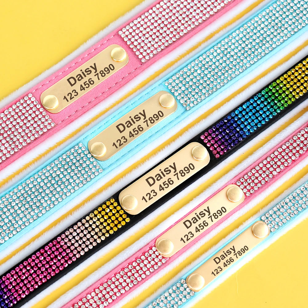 Personalized Dog Tag Collar – Bling Rhinestone Nylon Pet Collar with Soft Padded Lining, Free Engraving for Small Medium Dogs & Cats