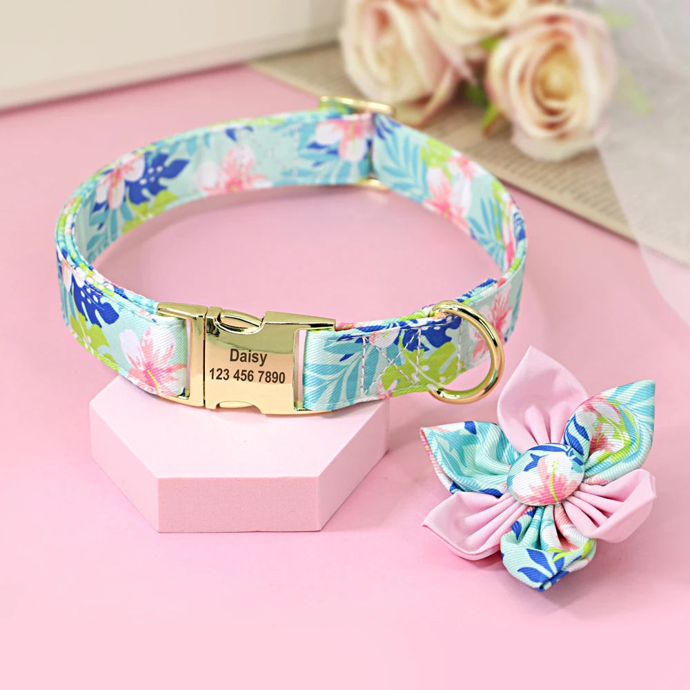 Personalized Dog Collar with Flower Print – Custom Engraved Nameplate | Adjustable Nylon Pet ID Collar for Small, Medium & Large Dogs