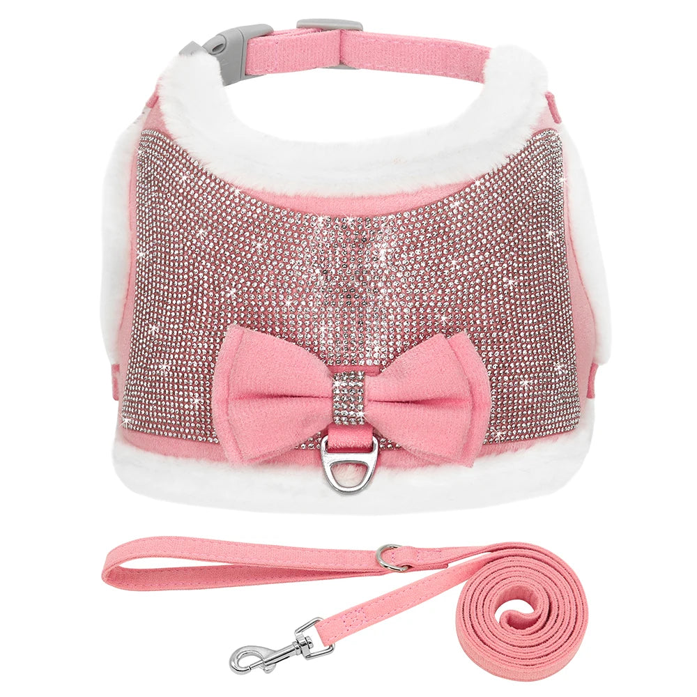 Bling Rhinestones Harness For Small Dogs Cats Soft Warm Dog Harness Vest Leash Set With Bowtie Winter Pet Clothes For Chihuahua