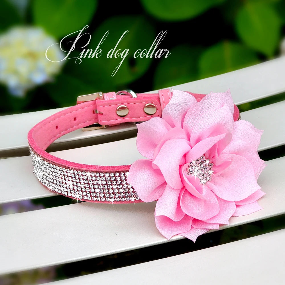 Bling Rhinestone Dog Collar with Flower – Sparkly Crystal Puppy & Cat Necklace for Chihuahua, Yorkie, Poodle