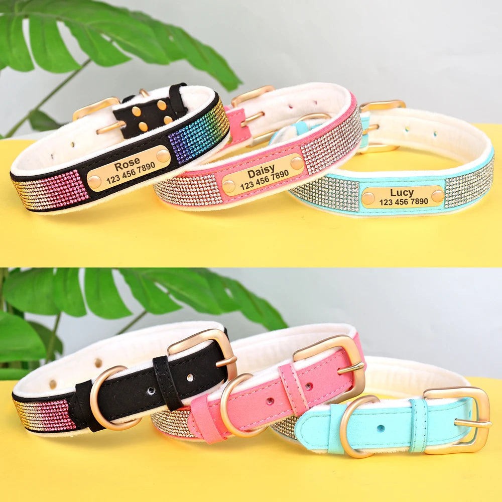 Personalized Dog Tag Collar – Bling Rhinestone Nylon Pet Collar with Soft Padded Lining, Free Engraving for Small Medium Dogs & Cats