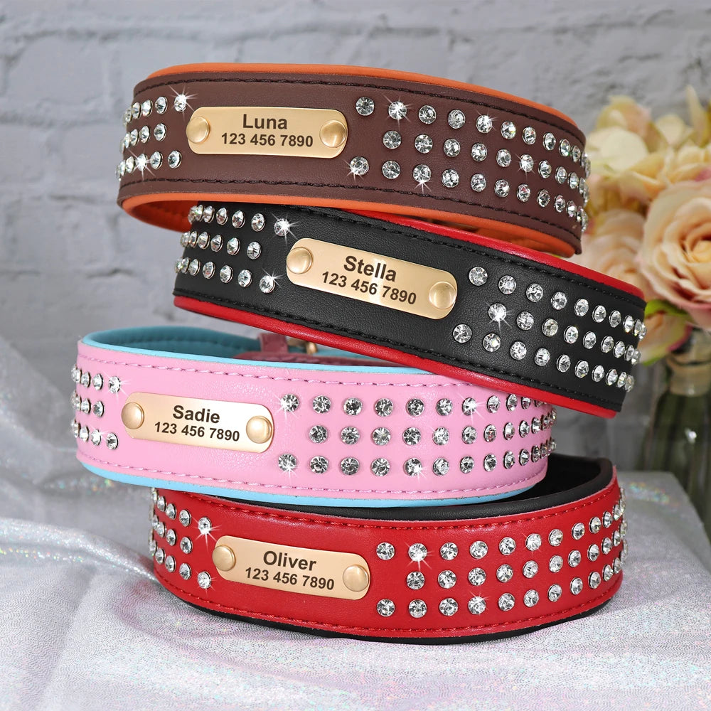 Personalized Dog Collar with Rhinestones – Custom Engraved Leather Pet ID Collar | Adjustable for Small, Medium & Large Dogs