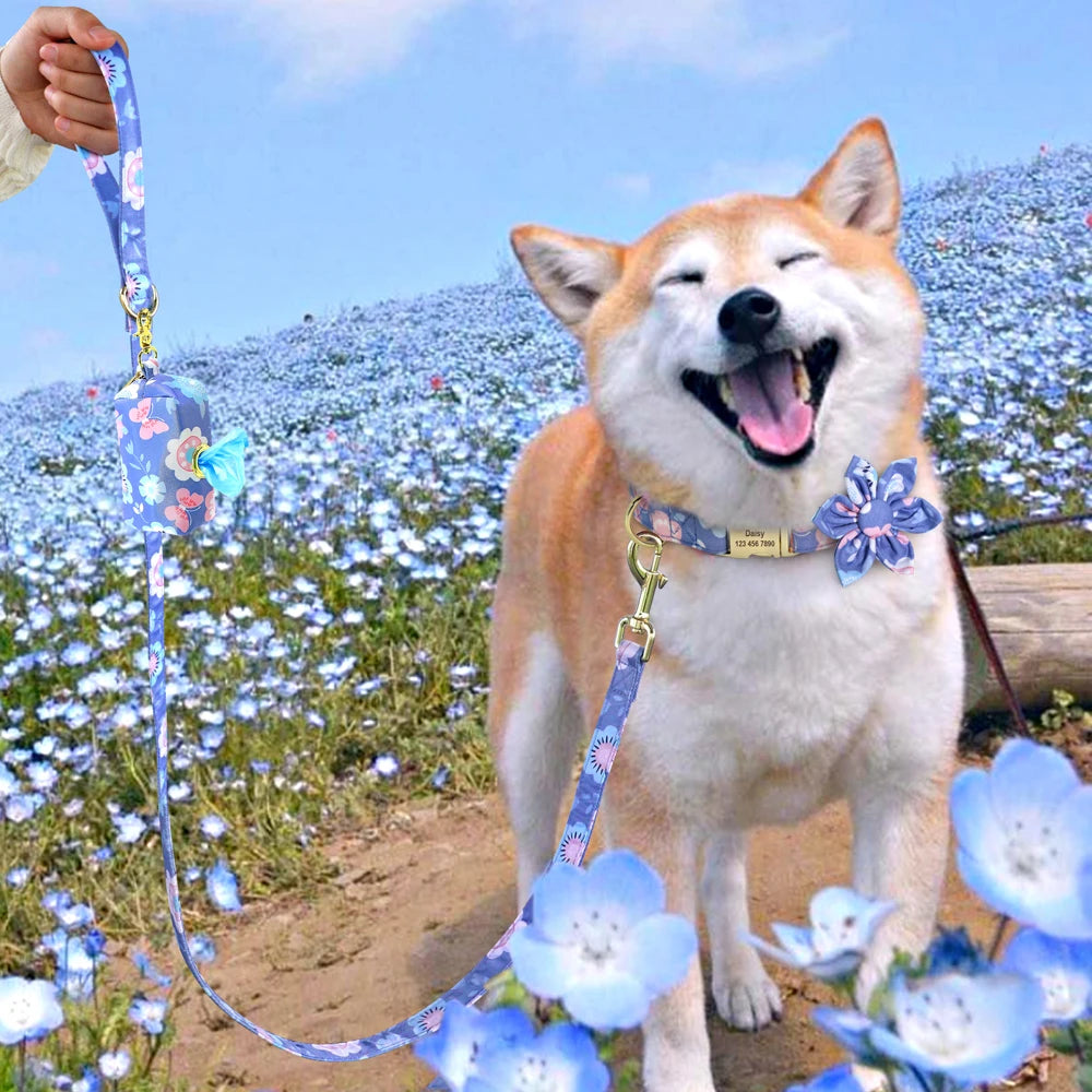 Personalized Floral Dog Collar Set – Collar + Leash + Poop Bag