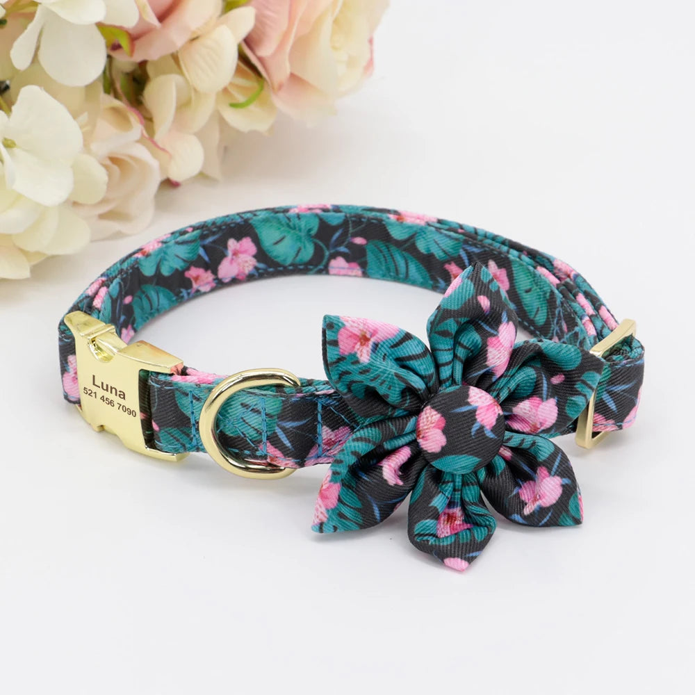 Personalized Dog Collar with Flower Print – Custom Engraved Nameplate | Adjustable Nylon Pet ID Collar for Small, Medium & Large Dogs