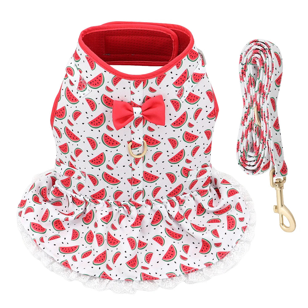 Cute Printed Dog & Cat Harness Leash Set – Summer Pet Dress Vest for Small Dogs & Cats (Chihuahua, Yorkie, Pug, French Bulldog)