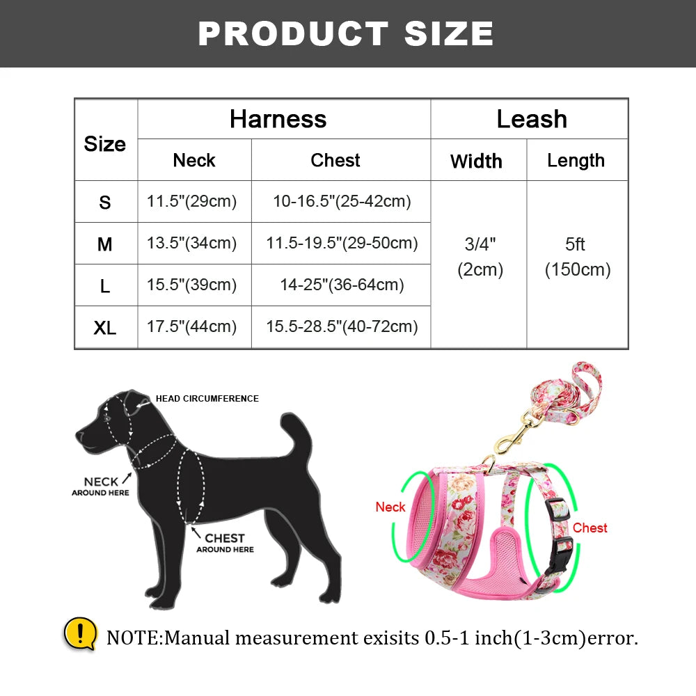 Cute Printed Dog Harness & Leash Set – Soft Mesh Adjustable Vest for Small & Medium Dogs & Cats (Chihuahua, Yorkie, Pug, Bulldog, Kitten)