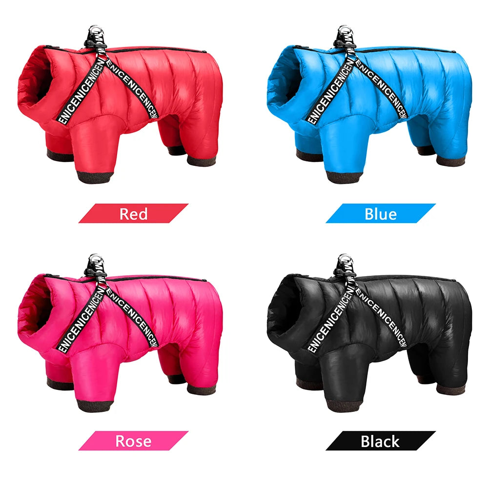 Warm Large Dog Jacket Coat With Harness – Winter Waterproof Dog Jumpsuit