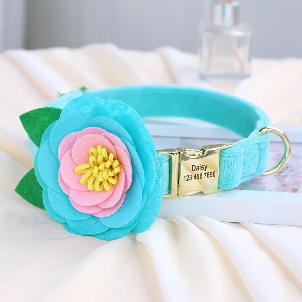 Personalized Floral Dog Collar – Custom Engraved Buckle with Cute Flower Accessory for Dogs & Cats