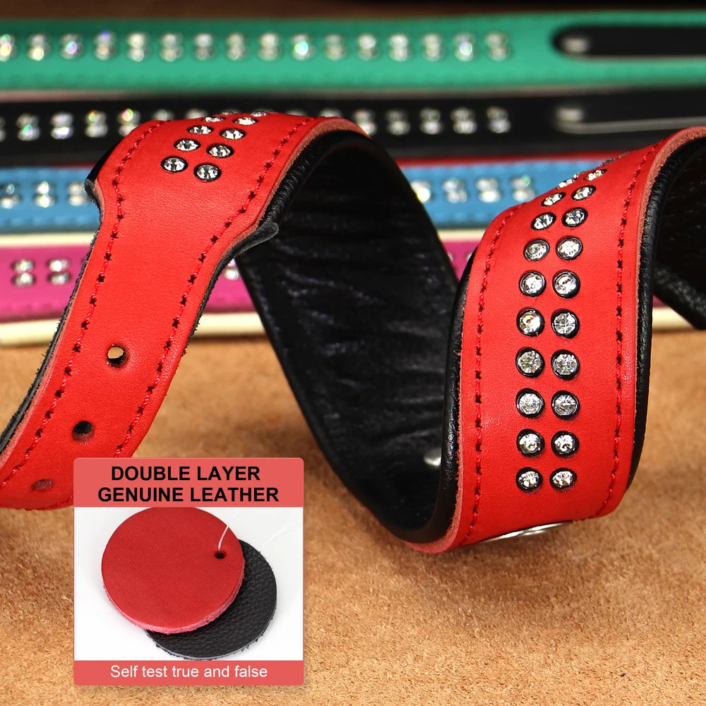 Personalized Dog Collar with Rhinestones – Custom Engraved Leather Pet ID Collar | Adjustable for Small, Medium & Large Dogs