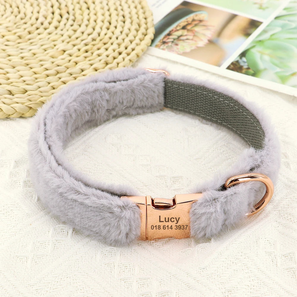 Soft Personalized Dog Collar – Winter Warm Fur Customized ID Collars for Small, Medium & Large Dogs (French Bulldog, Chihuahua)