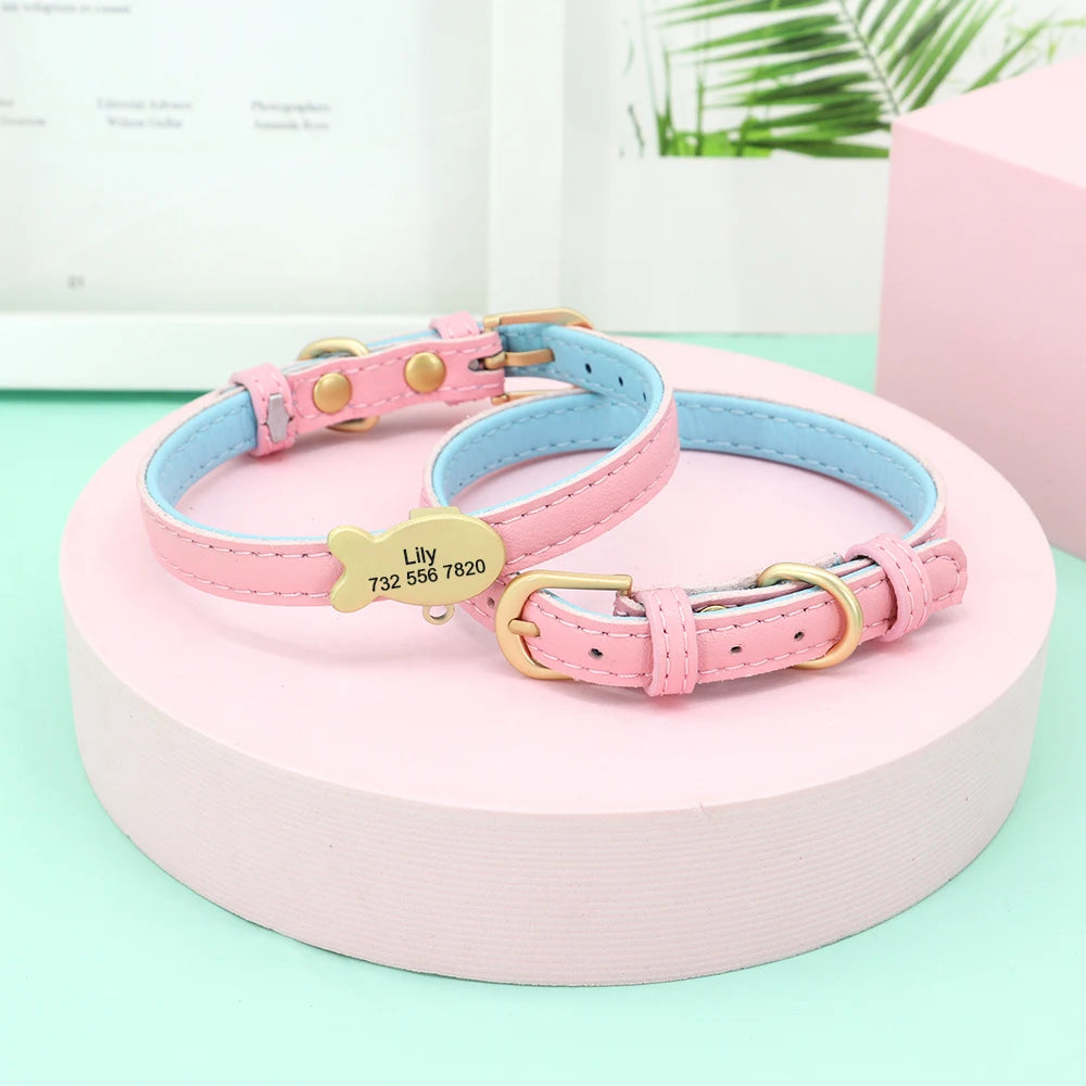 Personalized Leather Cat Collar – Custom Engraved Nameplate with Bell – Adjustable for Kittens, Cats & Small Dogs