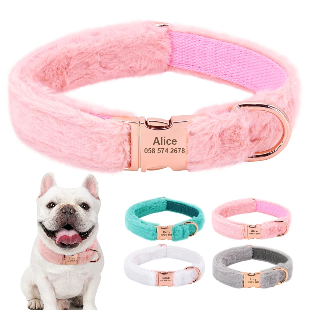 Soft Personalized Dog Collar – Winter Warm Fur Customized ID Collars for Small, Medium & Large Dogs (French Bulldog, Chihuahua)
