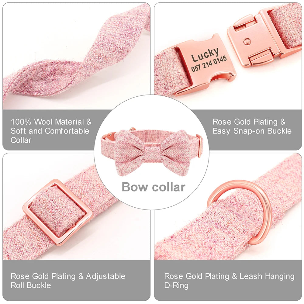 Customized Dog Collar & Leash Set – Personalized Pet Collars with Bowtie & Free Engraving