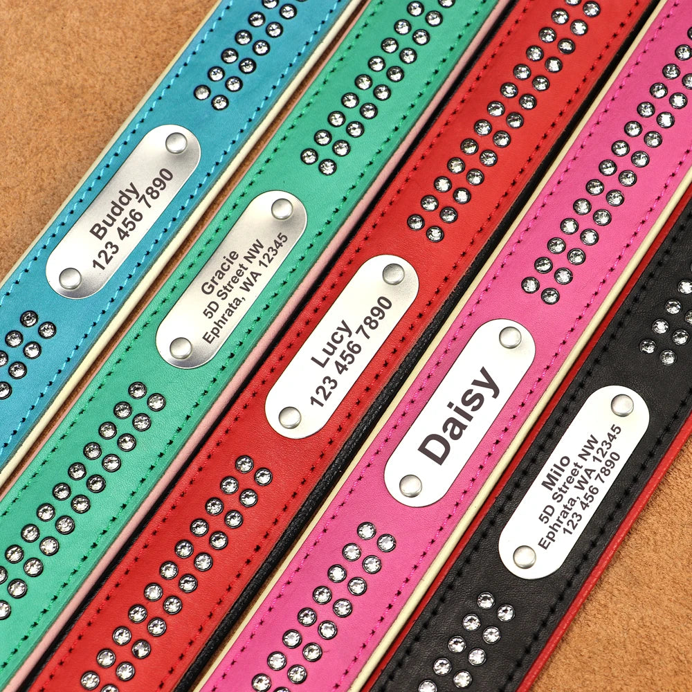 Personalized Dog Collar with Rhinestones – Custom Engraved Leather Pet ID Collar | Adjustable for Small, Medium & Large Dogs